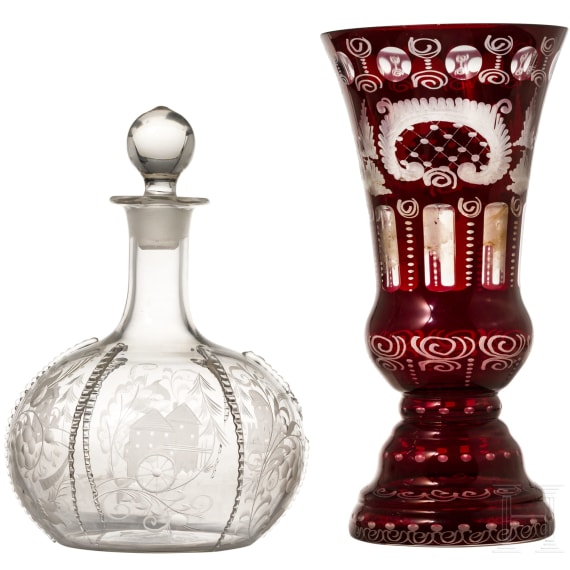 Glaskaraffe mit St&ouml;psel und Pokal, B&ouml;hmen, um 1900