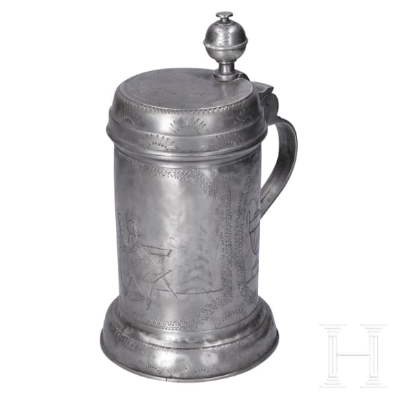 Gravierter Walzenkrug und Schokoladenkanne, Sachsen, um 1800