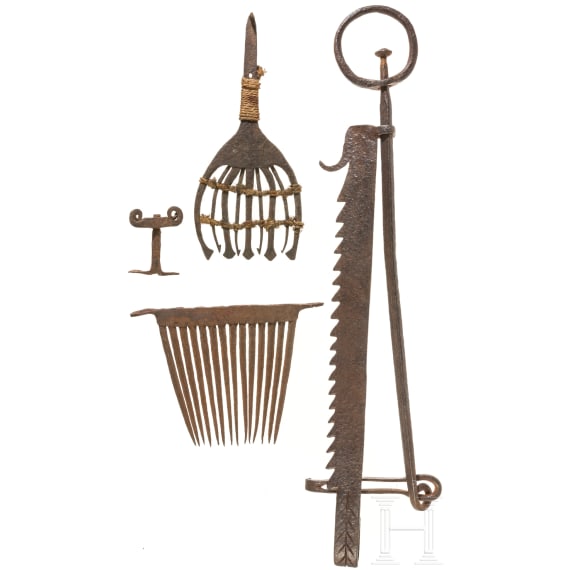 Kamins&auml;ge, Fischspeer, Flachsrechen und Fensterknebel, deutsch, 17./18. Jhdt.