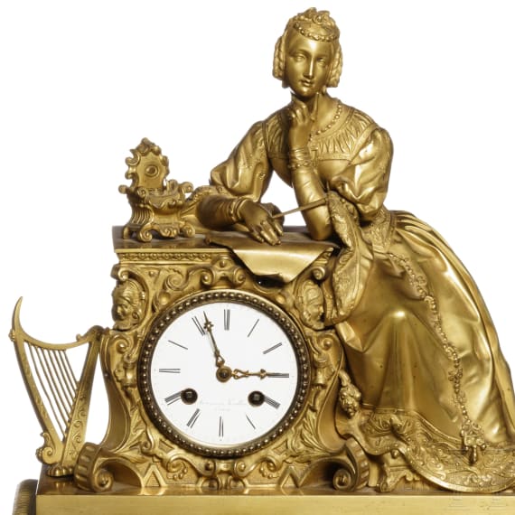 Empire-Kaminuhr mit Allegorie der Poesie, Frankreich, Uhrwerk Belgien, um 1820