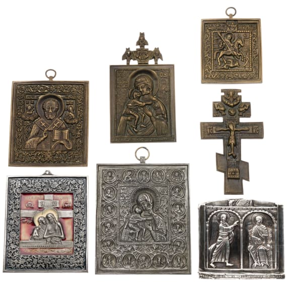 Sechs Bronzeikonen und Silberrelief mit der Verk&uuml;ndigung, neuzeitlich