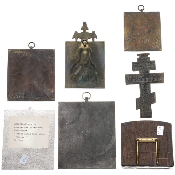 Sechs Bronzeikonen und Silberrelief mit der Verk&uuml;ndigung, neuzeitlich