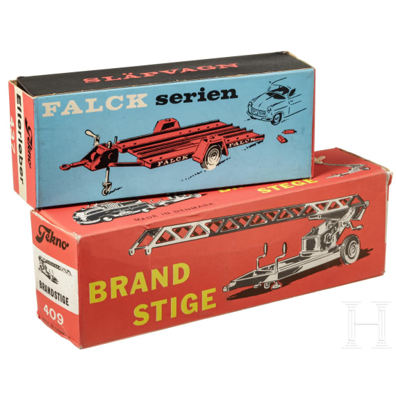 Tekno-Anh&auml;nger Nr. 437 zu Volvo-FALCK-Abschleppwagen und eine Feuerleiter/Brandstiege Nr. 409, in Originalkartons