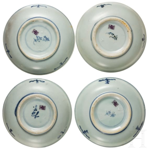 Vier kleine Teller aus dem Wrack der "Tek Sing", China, um 1822