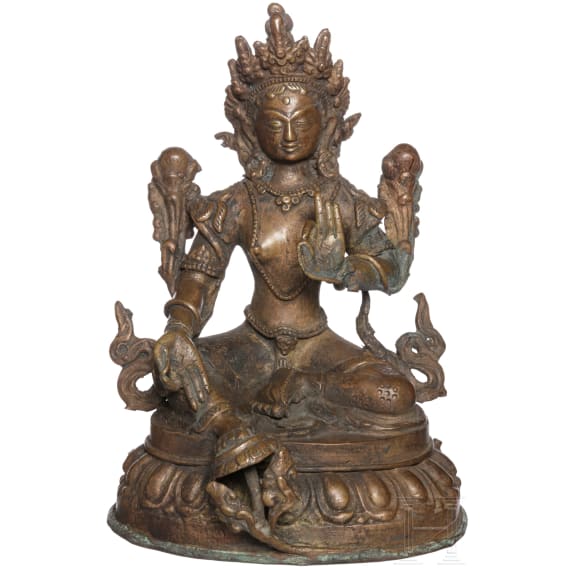 Bronzestatuette der sitzenden Tara auf Sockel, China, 19. oder fr&uuml;hes 20. Jhdt.