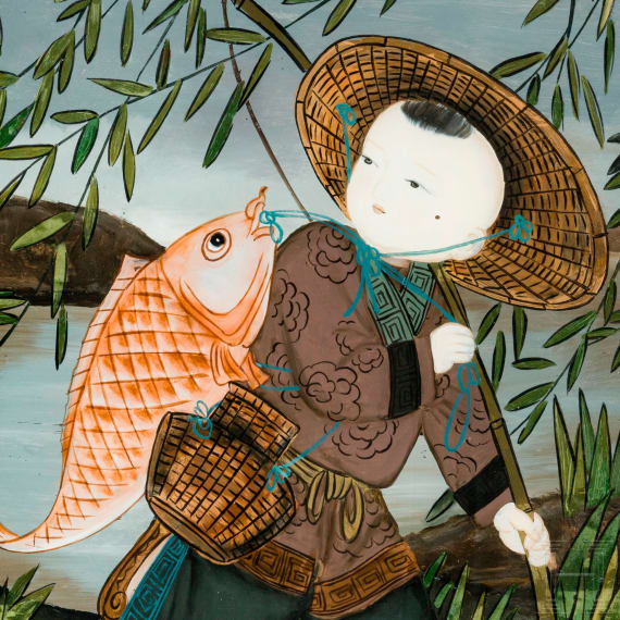 Konvolut asiatisches gerahmtes Kunsthandwerk, meist 19. Jhdt.