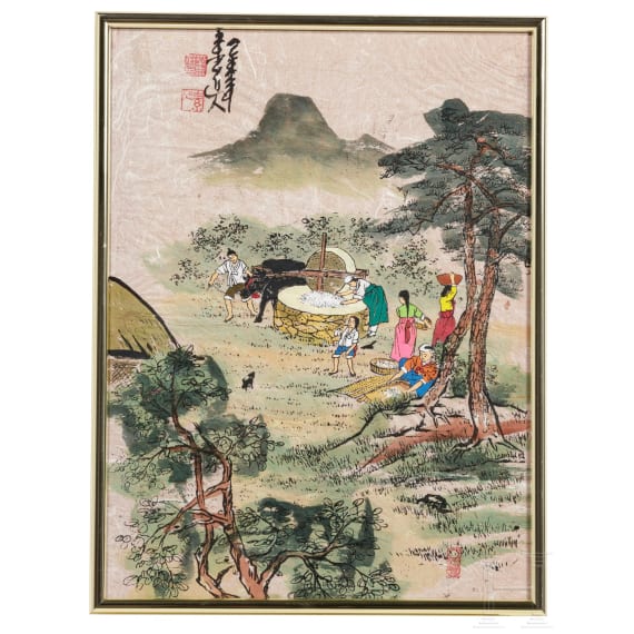 Drei farbige Tuschbilder, China, 20. Jhdt.