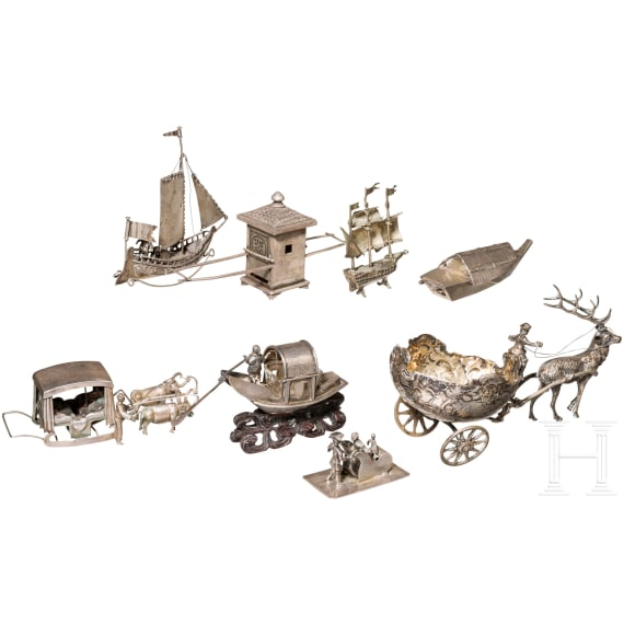 Konvolut Silberminiaturen, Transport und Bewegung, Eurasien, fr&uuml;hres 20. Jhdt.