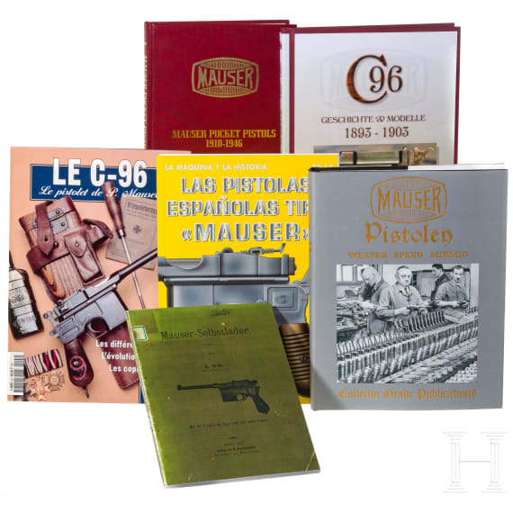 Sechs B&uuml;cher &uuml;ber Mauser-Pistolen, in deutsch, englisch, franz&ouml;sisch, spanisch