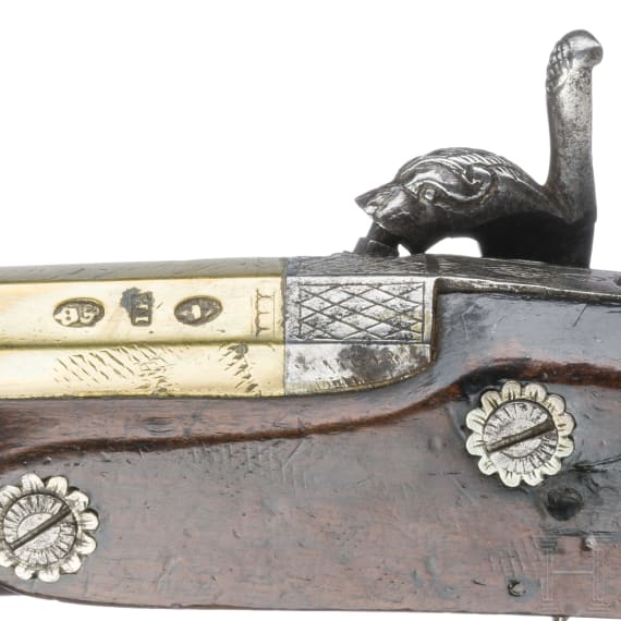 Ein Paar perkussionierte Steinschlosspistolen mit Messingl&auml;ufen, im Kasten, Bennett, London, um 1790