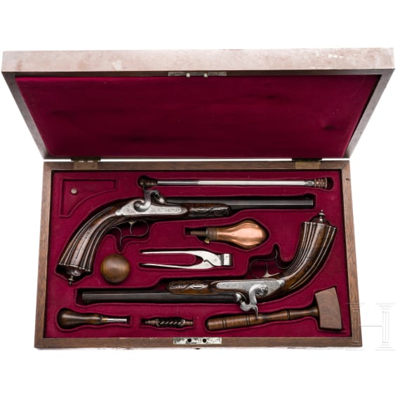 Ein paar Perkussionspistolen im Kasten, L&uuml;ttich, um 1840