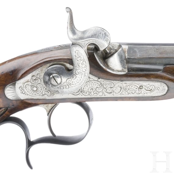 Ein paar Perkussionspistolen im Kasten, L&uuml;ttich, um 1840