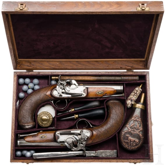 Ein Paar Miquelet-Perkussionspistolen im Kasten, Unzueta, Eibar, um 1840