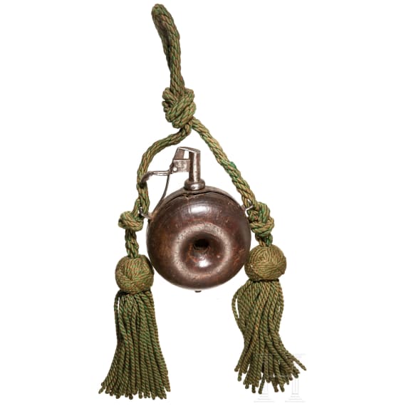 Musketier-Pulverflasche mit originalem Behang, deutsch, um 1600