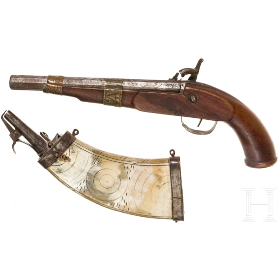 Musketierpulverflasche, deutsch, um 1600, dazu Pistole