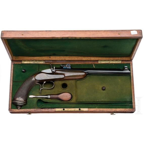 Scheibenpistole, im Koffer, System Flobert, Belgien, um 1880