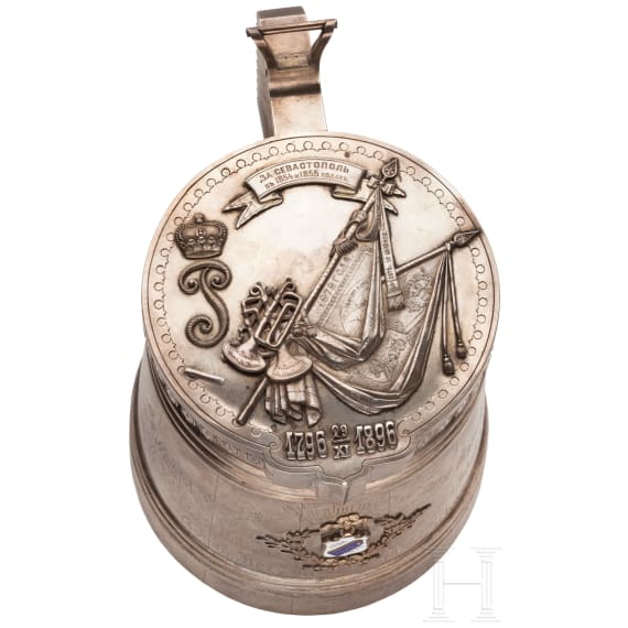 A distinguished silver tankard, a Russian present commemorating the 100th anniversary of the 67th Tarutinsky Infantry Regiment of the Grand Duke of Oldenburg, dated 1896