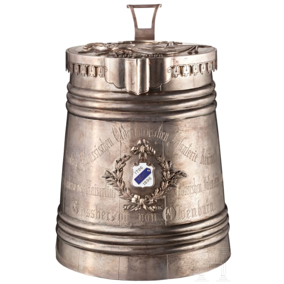A distinguished silver tankard, a Russian present commemorating the 100th anniversary of the 67th Tarutinsky Infantry Regiment of the Grand Duke of Oldenburg, dated 1896