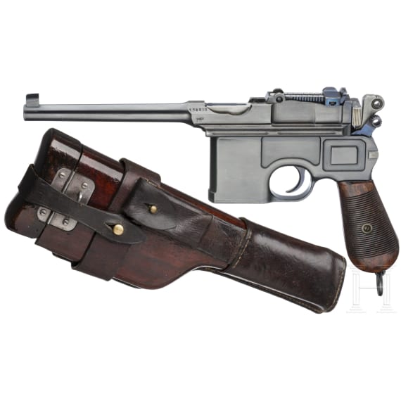 A Mauser C 96, "Late Siamese Pre War Small Ring Hammer", with shoulder stock and leather harness