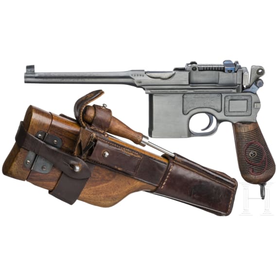 A Mauser C 96/16 with matching shoulder stock and leather harness,