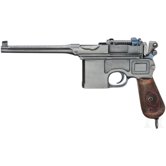 A Mauser C 96/16 with matching shoulder stock and leather harness,