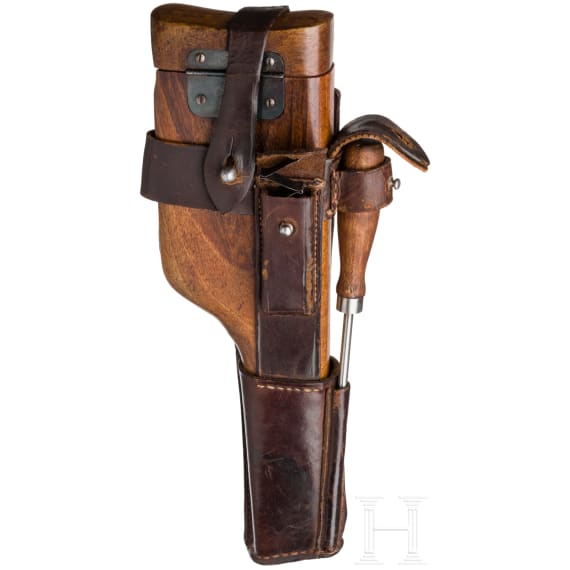 A Mauser C 96/16 with matching shoulder stock and leather harness,