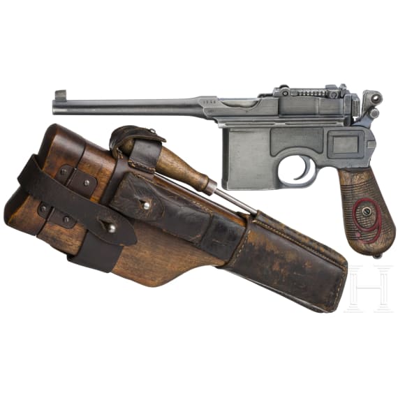A Mauser C 96/16, with shoulder stock and leather harness, Czech contract