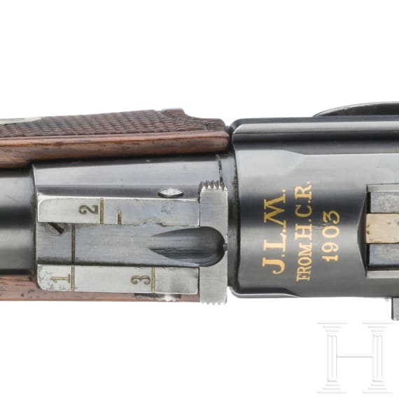 A cased Luger presentation Carbine Mod. 1902 by DWM, with "GL" initials (Georg Luger)