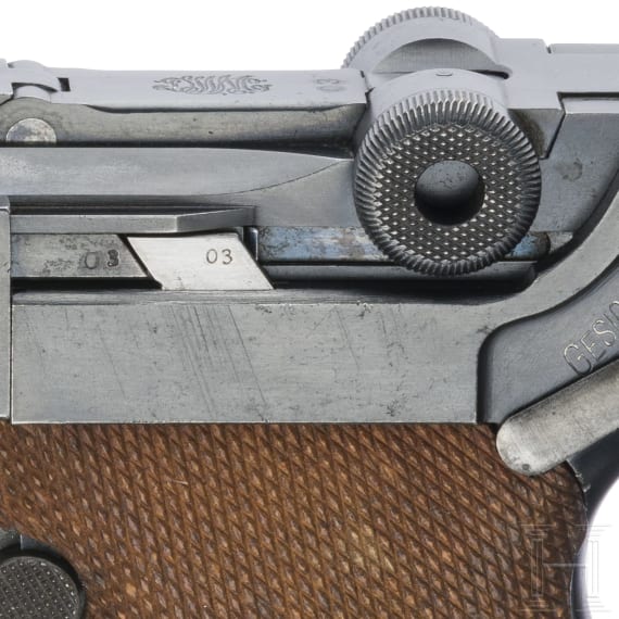 An Artillery Luger by DWM, 1914, "EWB" marking, with shoulder stock and holster