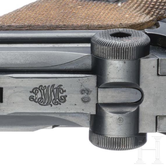 An Artillery Luger by DWM, 1914, "EWB" marking, with shoulder stock and holster