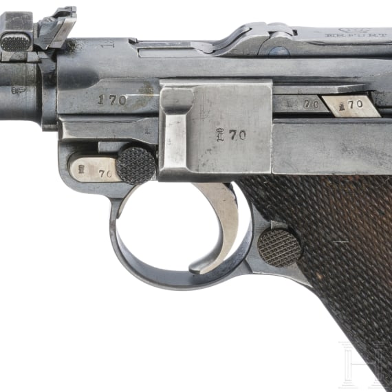 Lange Pistole 08, Erfurt 1914, mit Brett und Tasche