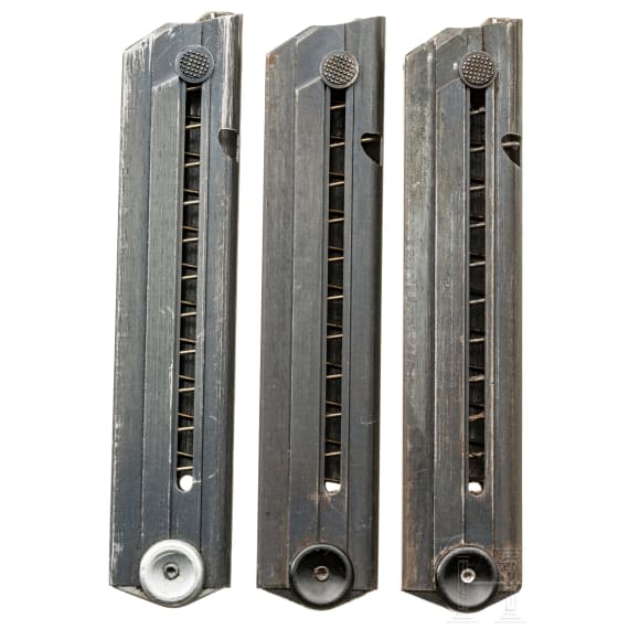 Three Haenel magazines ("fxo") for Luger pistols, Wehrmacht