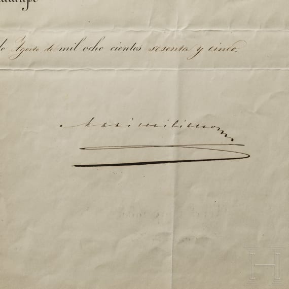 Kaiser Maximilian I. von Mexiko (1832 - 1867) - eigenh&auml;ndig signierte Verleihungsurkunde zum Offizierskreuz des Ordens Imperial de Guadalupe vom 7. August 1865