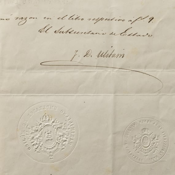 Kaiser Maximilian I. von Mexiko (1832 - 1867) - eigenh&auml;ndig signierte Verleihungsurkunde zum Offizierskreuz des Ordens Imperial de Guadalupe vom 7. August 1865