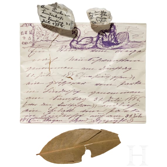 Kaiserin Elisabeth von &Ouml;sterreich - Zeichnung und Erinnerungsst&uuml;cke von Neuschwanstein und Linderhof, in eigenh&auml;ndig beschriftetem Kuvert, datiert Juli 1886
