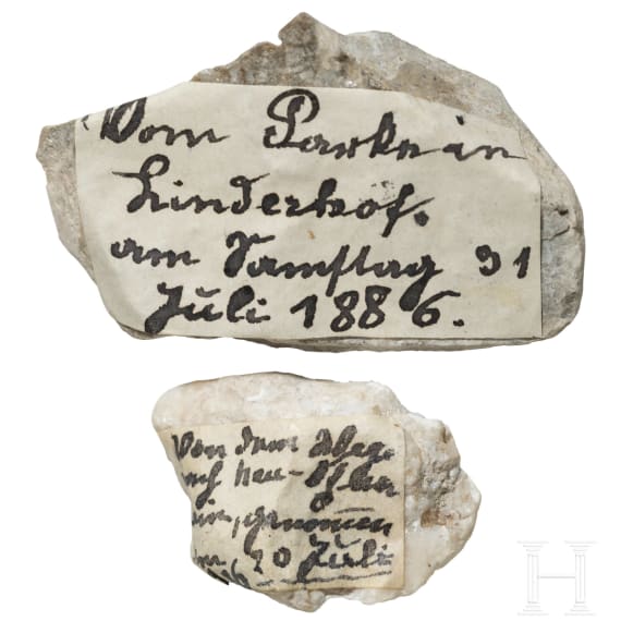 Kaiserin Elisabeth von &Ouml;sterreich - Zeichnung und Erinnerungsst&uuml;cke von Neuschwanstein und Linderhof, in eigenh&auml;ndig beschriftetem Kuvert, datiert Juli 1886