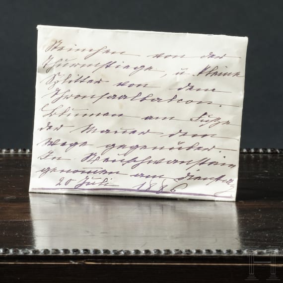 Kaiserin Elisabeth von &Ouml;sterreich - Erinnerungsst&uuml;cke von Neuschwanstein, in eigenh&auml;ndig beschriftetem Kuvert, datiert 20. Juli 1886