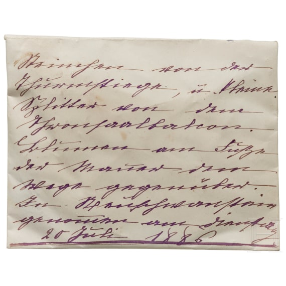 Kaiserin Elisabeth von &Ouml;sterreich - Erinnerungsst&uuml;cke von Neuschwanstein, in eigenh&auml;ndig beschriftetem Kuvert, datiert 20. Juli 1886