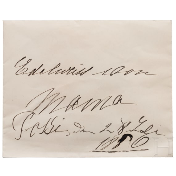 Kaiserin Elisabeth von &Ouml;sterreich - Erinnerungs-Edelwei&szlig; vom Schloss Possenhofen in eigenh&auml;ndig beschriftetem Kuvert, datiert 28. Juli 1886