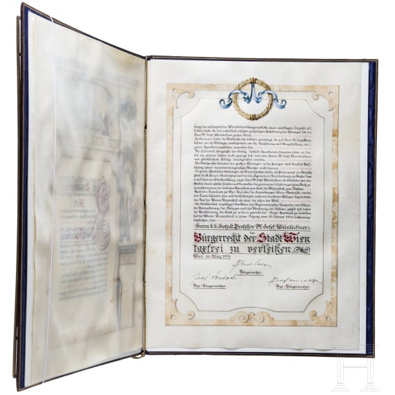 Hofrat Prof. Dr. Josef Weinlechner - prunkvolle Urkunde zur Verleihung des B&uuml;rgerrechts, datiert 1904