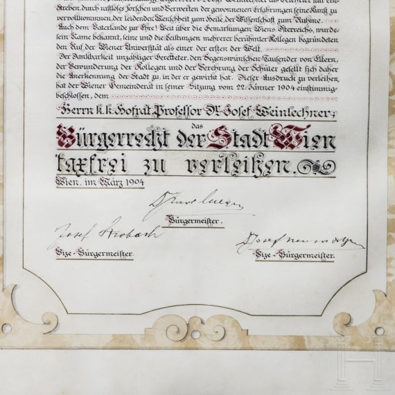 Hofrat Prof. Dr. Josef Weinlechner - prunkvolle Urkunde zur Verleihung des B&uuml;rgerrechts, datiert 1904