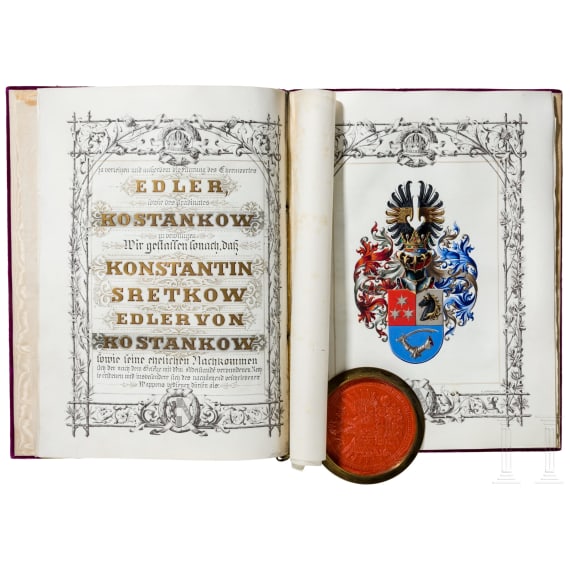 Konstantin Sretkow, Edler von Kostankow (1848 - 1916) - Adelsurkunde, 1904, sowie Patent zum Generalmajor, 1908
