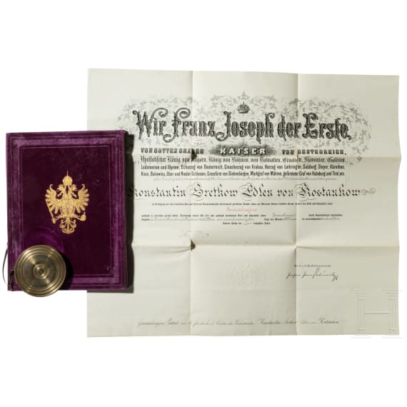 Konstantin Sretkow, Edler von Kostankow (1848 - 1916) - Adelsurkunde, 1904, sowie Patent zum Generalmajor, 1908