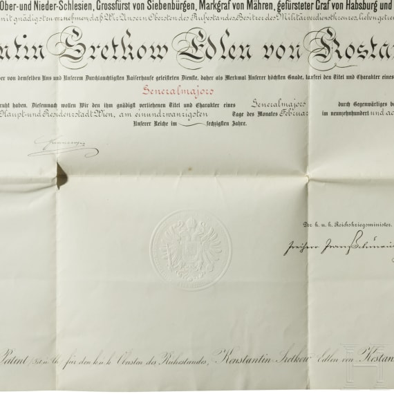 Konstantin Sretkow, Edler von Kostankow (1848 - 1916) - Adelsurkunde, 1904, sowie Patent zum Generalmajor, 1908