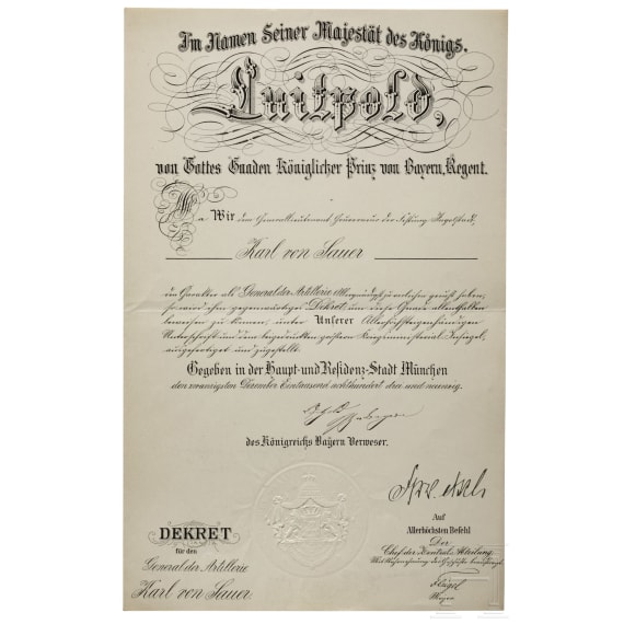 Karl Theodor von Sauer, Fl&uuml;geladjutant von K&ouml;nig Ludwig II. - Patent zum General der Artillerie, datiert 1893