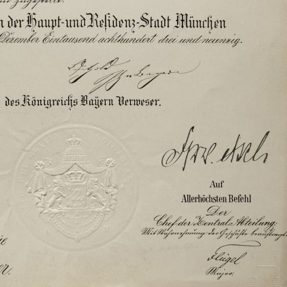 Karl Theodor von Sauer, Fl&uuml;geladjutant von K&ouml;nig Ludwig II. - Patent zum General der Artillerie, datiert 1893