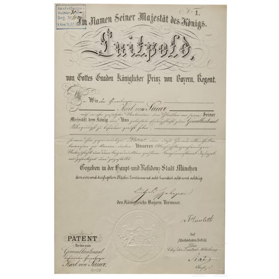 Karl Theodor von Sauer, Fl&uuml;geladjutant von K&ouml;nig Ludwig II. - Patent zum Generallieutenant, datiert 1888
