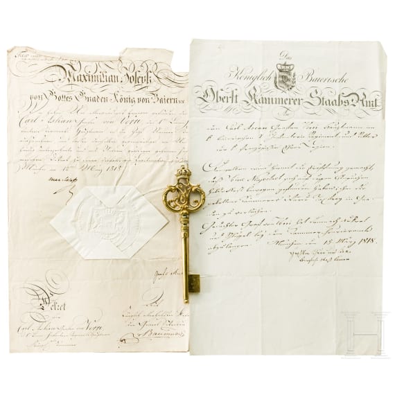 Carl Askan Graf Verri della Bosia (1790 - 1878) - Kammerherrenschl&uuml;ssel mit zwei Dokumenten, datiert 1818