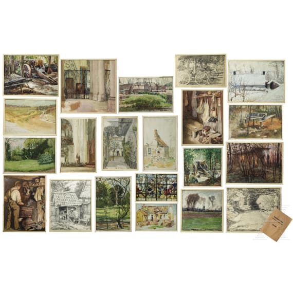 Georg Rudolph - Sammlung 31 Originalaquarelle und -zeichnungen aus dem 1. Weltkrieg sowie Ausweis
