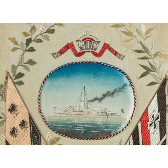 Seidenstickbild "Zur Erinnerung an meine Dienstzeit", S.M.S. Tsingtau, 1909 - 1912